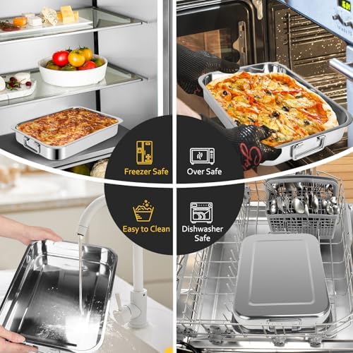 2 Pcs 12.7"15.5" Stainless Steel Roasting Pans with Handles, Baking Pan for Oven with 2 Pcs Flat Racks, Heavy Duty, Dishwasher Safe Rectangular Lasagna Pan with Handles for Turkey Chicken, Silver - Image 3