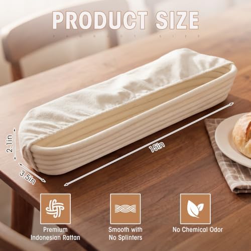 Vesici 15 Inches Baguette Banneton Proofing Basket 10 Pack with Linen Liner Baguette Banneton Bread Baking Baskets Rattan Dough Proofing Baskets for Home Bake, Bakers Supplies, Baking Gifts - Image 2