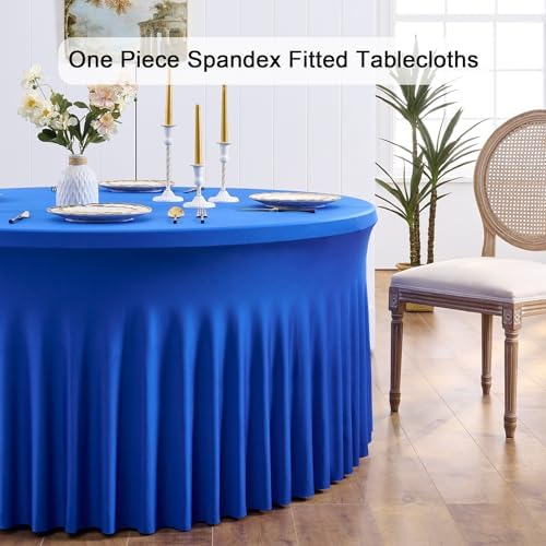 Outpain Royal Blue Spandex Round Tablecloths for 72 inch Tables, Stretchy 132inch Fitted 6FT Round Table Cloths with Skirt for Wedding Party Dining Banquet - Image 2