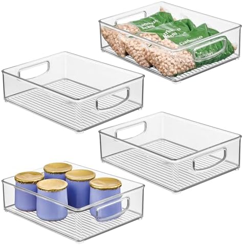 iDesign Plastic Stackable Pantry Bin, Set of 4, Clear | Organizer Bin with Handles, For Cabinets or Fridge by iDesign