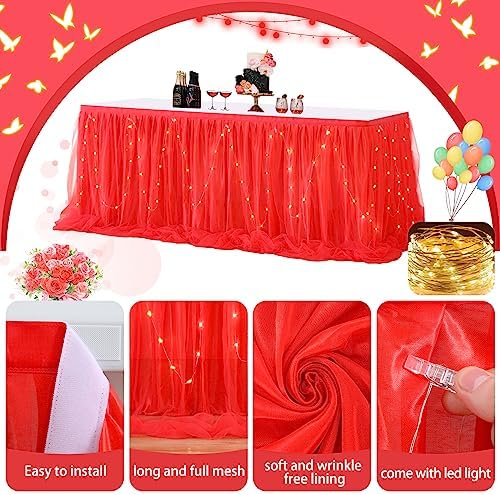 PARTISKY Red Tulle Tutu Table Skirt for Rectangle Tables or Round Table,Led Light String Table Cloth for Boys Girls Baby Shower Party Dessert/Cake Tables - Image 4