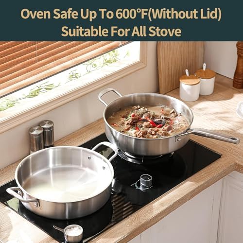 Yeksum Saute Pan with Lid, 5 Quart Tri-Ply Stainless Steel Saute Pan, 12inch Deep Frying Pan with Lid, Large Skillet, Rondeau Pot Compatible with All Cooktops Up to 600℉ - Image 5