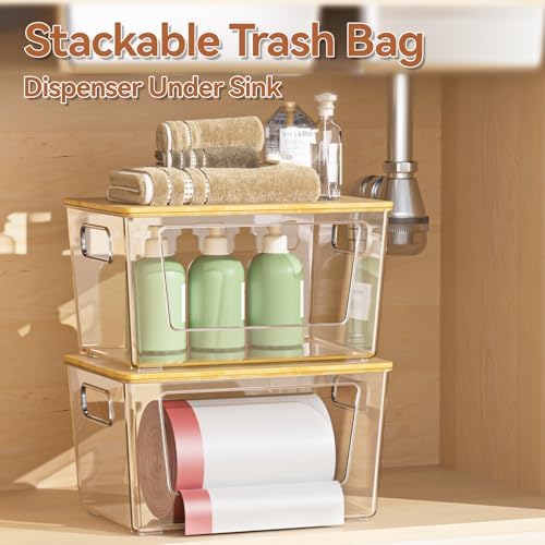 spospo Trash Bag Holder with Bamboo Lid Stackable Trash Bag Dispenser - Image 2