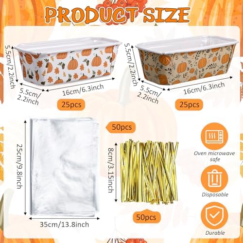 Hushee 50 Sets Fall Paper Loaf Pan 6.3 x 2.2 x 2.2 Inch Disposable Cake Pan Liners with Clear Plastic Bags and Ties Rectangle Paper Baking Mold for Thanksgiving Autumn Bread Cake Bakery(Novel) - Image 2