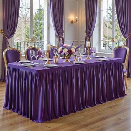 PARTISKY 2 Pack Purple Tablecloths for Rectangle Tables 8ft, Wrinkle Resistant Spandex Table Cover Fitted Stretch Table Cloth with Pleated Ruffle Skirts for Party Banquet Dining Birthday Wedding - Image 4