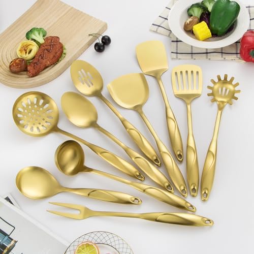 304 Stainlss Steel Kitchen Utensils Set, 10 Pcs Metal Cooking Utensil, Matte Kitchen Gadget Cookware and Kitchen Tool Set, Dishwasher Safe(Gold) - Image 3
