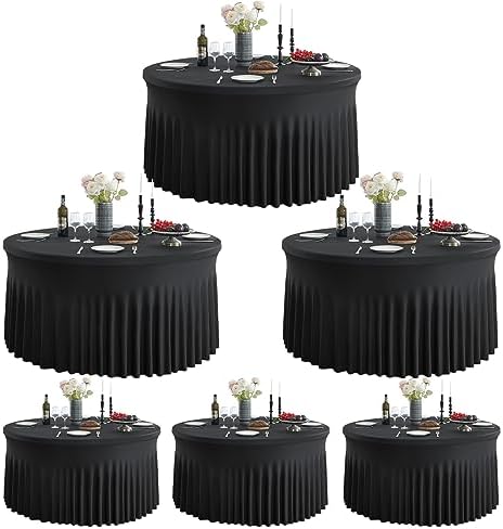 Outpain 6 Pack Black Round Spandex Tablecloth for 48Inch/4FT Tables - Stretchy Table Cloth with Skirt, Wrinkle-Free Fitted Cloth for Wedding Vendor, Banquet & Graduation Decor (108" Round) by Outpain