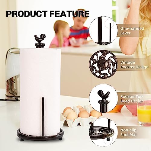 Cast Iron Rooster Paper Towel Holder for Kitchen Countertop - Vintage Coffee Gold Farmhouse Decor, Heavy Weighted Base Standing Dispenser for Easy One-Handed Tear, Fits Jumbo Rolls - Image 2