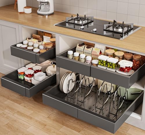 Seinloes 4 Pack Pull out Cabinet Organizer 21"Deep with Raising Pad for Framed Cabinets, Expandable Slide out Drawers for Kitchen Cabinets with 4pcs Divider Racks, Roll out Shelves 12.1"-20.4" W Black by Seinloes