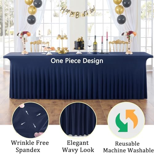 6pack Navy Blue Spandex Tablecloths 8ft for Rectangle Tables, Wrinkle Free Classy Table Skirt Stretchy 8 Foot Fitted Table Cloths Covers for Weddings Birthday Party Events Banquette Baby Shower - Image 2