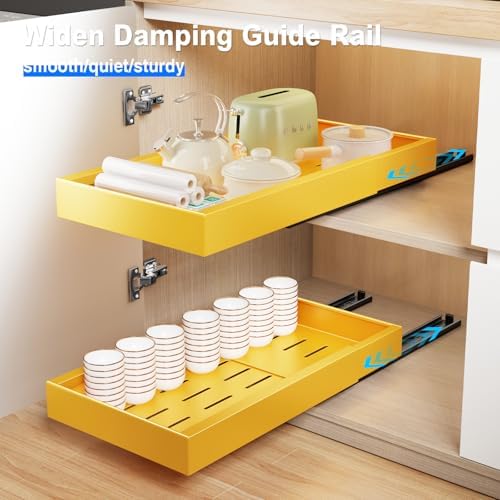 Mustorn 2 Pack Pull Out Cabinet Organizer,21.8" Deep Slide Out Drawer for Cabinets Adhesive Pull Out Drawers Heavy Duty Pull Out Shelves for Kitchen,Cupboard,Pantry,Bathroom-Yellow - Image 3