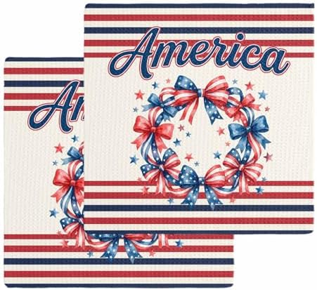 Independence Day Dish Towels Set, Waffle Weave Kitchen Towels 2 Pieces, Patriotic USA Flag Bow Wreath Striped Microfiber Hair Face Bath Tea Towel Absorbent Quick Drying Cleaning Dish Cloths, 12"x12" by Unknown