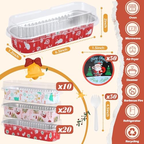 50Pack Mixcolor Christmas Mini Cake Pans with Lids and Spoons Mini Loaf Pans with Lids, 6.8Oz Aluminum Foil Pans Tins, Individual Dessert Cups Containers for Sales,Party,Picnics - Image 3