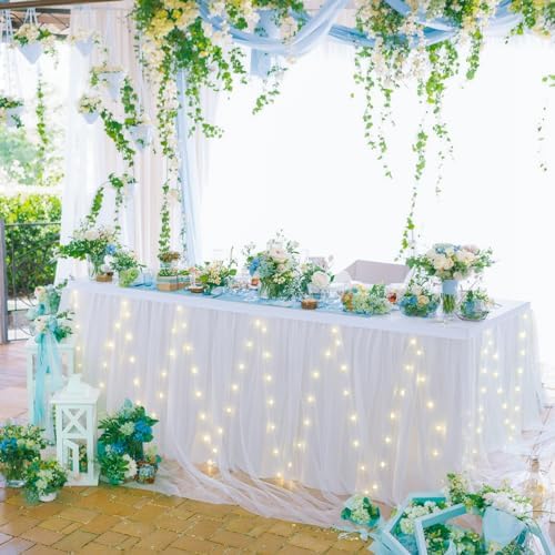 PARTISKY White Tulle Tutu Table Skirt for Rectangle Tables or Round Table,Led Light String Table Cloth for Wedding Baby Shower Birthday Party Dessert/Cake Tables - Image 2