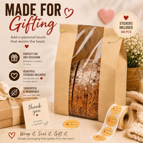 150 Pack Large Paper Sourdough Bread Bags with Tin Tie Tabs & 500 Stickers | 14" X 8.3" X 3.5" Kraft Bags with Clear Window Bread Bags for Homemade Bread, Bakery Display, Cookies, Popcorn and Gifts - Image 5