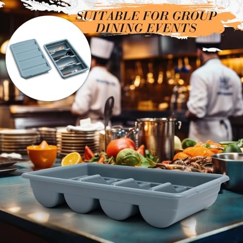 Maxdot 2 Pcs 20.5 x 11.9 x 3.7 Inch Silverware Organizer with Lid, Commercial 4-compartment Restaurant Kitchen Cutlery Tray, Plastic Silverware Storage Container, Condiments Holder (Grayish Blue) - Image 6