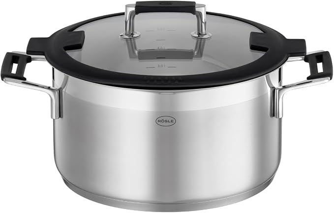 RÖSLE Silence Pro Cooking Pot, High-Quality Universal Pot Made of 18/10 Stainless Steel, 24 cm, Glass Lid, Inner Scale, Induction Safe, Dishwasher Safe, Silver/Black by Rosle