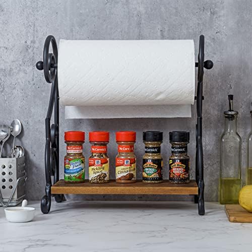 MyGift Black Paper Towel Holder with Rustic Wood Shelf, Countertop Stand - Image 3