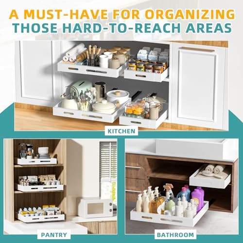 HBL' 2 Pack | 21" Deep Pull Out Cabinet Organizer Adhesive, (13.8" to 22.0") Width Expandable Sturdy Carbon Steel Roll-Out Drawers, Designed for Frameless Cabinets, Slide-Out Shelves for Pantry. - Image 6