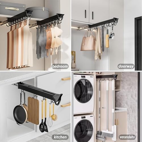 14IN Hanging Pot Rack with 6 Hook for Cabinet Pull Out Pot and Pan organizer Adjustable Pot Racks with Sliding Rail Storage Utility Rack Used for Kitchen/Closet/Cupboard,Load 75LBS - Image 3