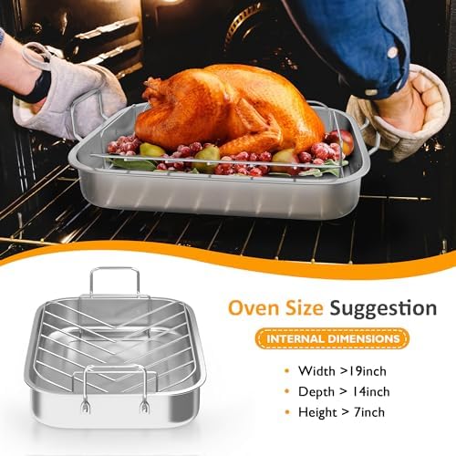 Sunvivi 15.6'' Roasting Pan with V-Shaped Rack, Rectangular Lasagna Pan with Handle, Non-Stick Stainless Steal Roaster for Turkey, Chicken, Vegetable, Lasagna, Heavy Duty & Dishwasher Safe - Image 6