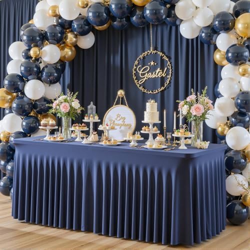 gogoparti 2 Pack Spandex Navy Blue Fitted Table Cloth for 6ft Rectangle Tables Navy Blue Stretch Tablecloth Banquet Table Covers Skirt Wrinkle Free Tablecloths for Parties Wedding - Image 3