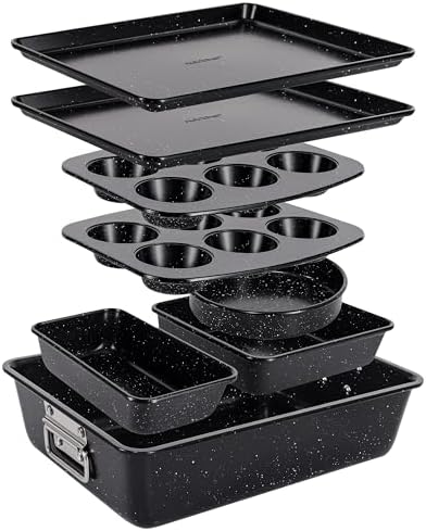 NutriChef 8-Piece Stackable Bakeware Set - Carbon Steel Non-Stick Baking Pan Set, Sheet, Muffin, Round, Loaf, Square Cake & Deep Pans, 450°F Heat Resistant, Standard & Convection Ovens (Black Marble) by NutriChef%E2%84%A2Kitchen