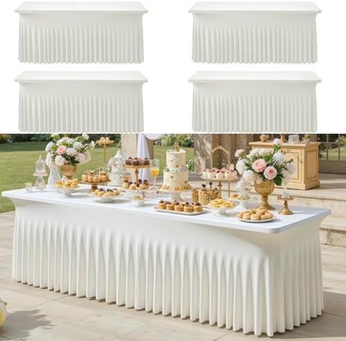 CO-AVE 4pack Ivory Spandex Tablecloths 8ft for Rectangle Tables, Wrinkle Free Classy Table Skirt Stretchy 8 Foot Fitted Table Cloths Covers for Weddings Birthday Party Events Banquette Baby Shower by CO-AVE