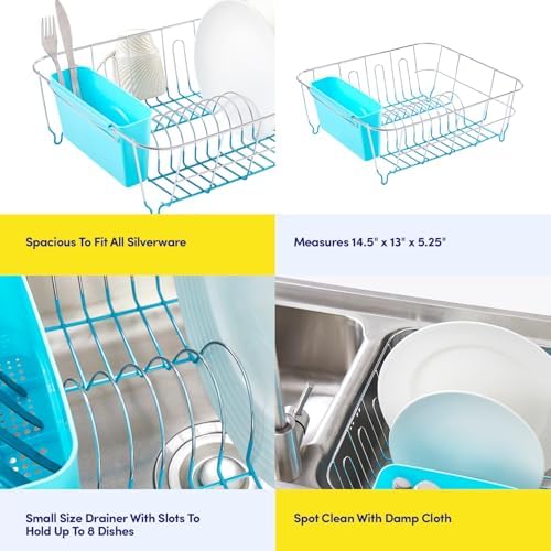Dish Drying Rack & Cutlery Holder 2 Piece Set - Compact Sink-Fitting Dish Drainer with Rubberized Undercoating, Space-Saving Kitchen Organizer for Plates, Cups, Bowls & Utensils in Sink, Turquoise - Image 6