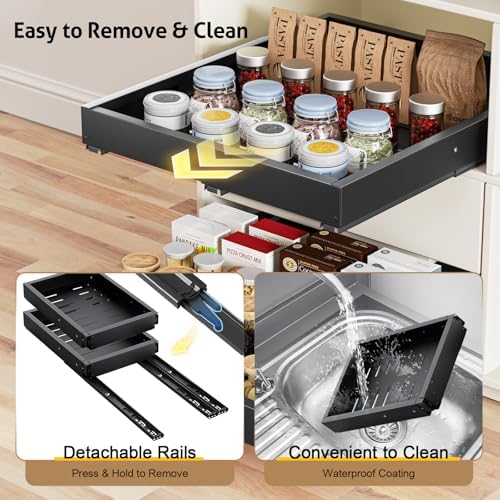 Upgrade 2 Pack Pull Out Cabinet Organizer, Expandable Width (11.4"-18.9") Depth (16.3"-21.7") Pull out Drawers for Cabinets with 3 Rails, No Drill Adhesive Film or Nail Slide out Drawers for Kitchen - Image 4