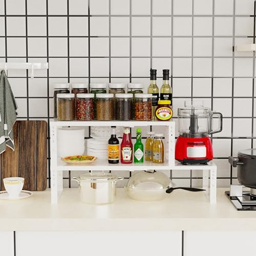 Jojocross Expandable Stackable Spice Rack Organizer for Kitchen Cabinet,Adjustable Counter Shelf, countertop, Pantry,Cupboard,Bathroom,Bedroom(2Packs/White/Medium) - Image 3