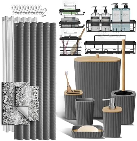 Clara Clark Bathroom Accessories Set - 27PC Bathroom Set with Adhesive Corner Shower Caddy Hanging, Bathroom Sets with Shower Curtain and Rugs, Ombre Grey Shower Curtain Set with Bathroom Trash Can by ClaraClark