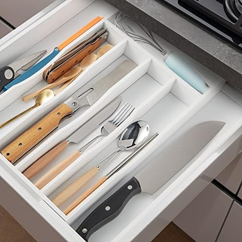 Expandable Bamboo Kitchen Drawer Organizer for Cutlery and Utensils, Adjustable Bamboo Wood Cutlery Tray in Drawer for Flatware and Silverware in Kitchen, (White) - Image 4