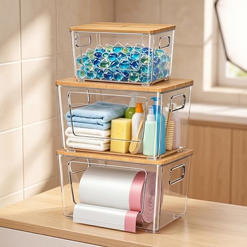 spospo 3 Pack Trash Bag Holder with Bamboo Lid Stackable Trashbag Dispenser - Image 4