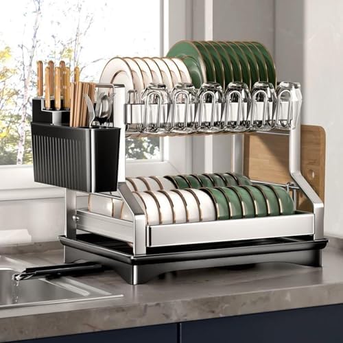 Fandian Dish Drying Rack 2 Tier Dish Racks for Kitchen Counter and Sink, Large Dish Drying Rack with Drainboard & Utensil Holders Stainless Steel Dish Drainers Kitchen Organization and Storage - Image 2
