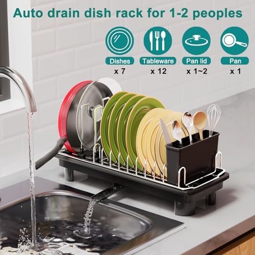 junyuan Compact Dish Drying Rack,Small Dish Rack for Kitchen Counter, Dish Drainer with 360° Rotatable Spout,Plate Rack, Dish Strainer with Cutlery Holder for Pots, Fork & Knives Space Saving - Image 2
