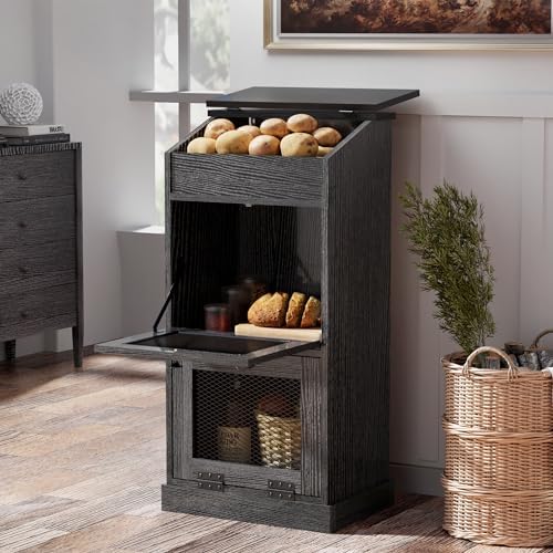 ONG Potato Storage Bin Wood Sets of 2, Wooden Double Bread Storage Bins, Decorative Potato and Onion Storage Bin Set 2, Potato Bin with Grocery Section, Wooden Vegetable Storage Box with Lid, Black - Image 6
