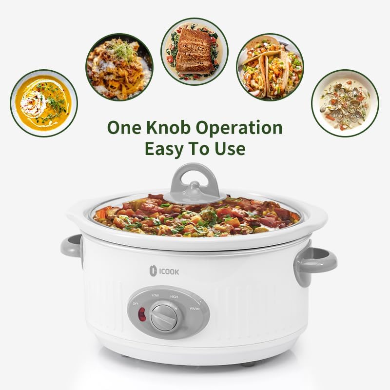 ICOOK Slow Cooker 3.5 Quart USC-351-OG,Dishwasher Safe Crock/Ceramic inner pot and Glass lid,Small Slow Cooker,Oval Shape,White