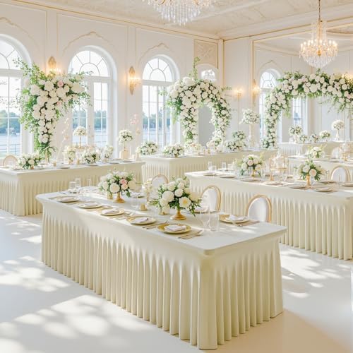 4 Pack 8ft Beige Spandex Tablecloths for Rectangle Tables Wrinkle Free Beige Rectangle Table Cloth Stretch Fitted Table Cover with Skirt for Wedding Birthday Party Banquet Baby Shower Buffet Event - Image 3