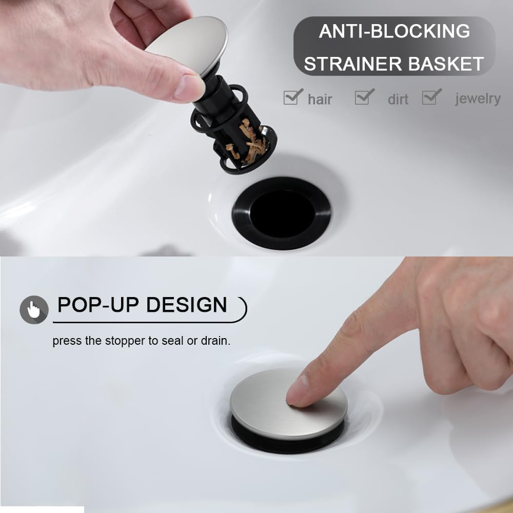 Bathroom Sink Drain, Pop Up Drain Stopper with Overflow, Lavatory Vanity Vessel Sink Drain Assembly, Brushed Nickel
