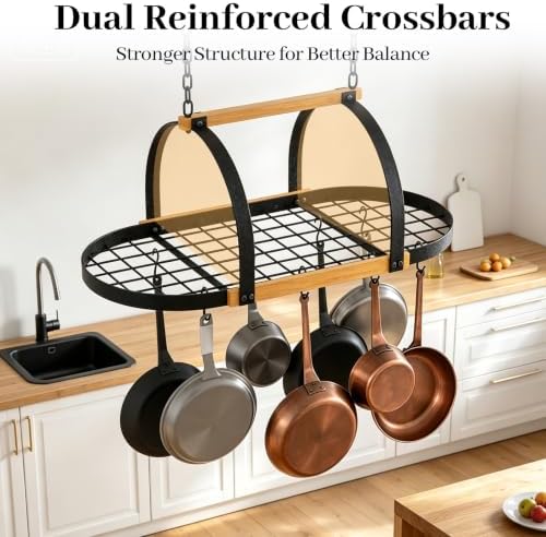 39-Inch Heavy Duty Hanging Pot Rack, Ceiling Mount, 130 lb Capacity | Heavy duty pot rack hanging with 20 hooks and large mesh shelf for organizing cookware in kitchens and kitchen islands. - Image 4
