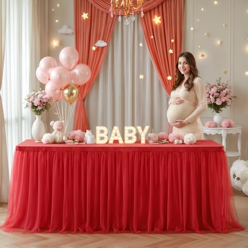 Suppromo 6 Pack 8ft Red Tulle Tablecloths for Rectangle Tables 8 Foot Red Rectangular Table Cloth Wrinkle Free Tablecover with Tutu Skirt for Baby Shower Wedding Birthday Party Banquet Buffet Cake - Image 3