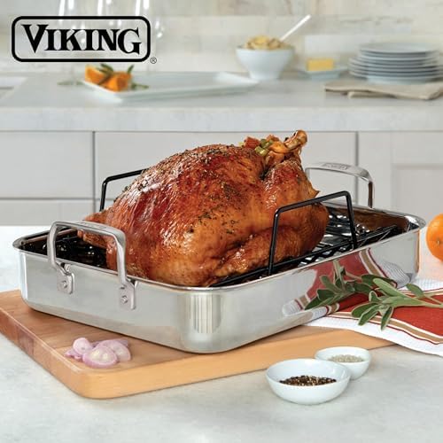 Viking 3-Ply Stainless Steel Roasting Pan with Non Stick Rack, 16 x 13 Inch Kitchen Cookware, Great for Turkey, Includes Probe Thermometer, Dishwasher and Oven Safe, Induction Ready, Silver - Image 6