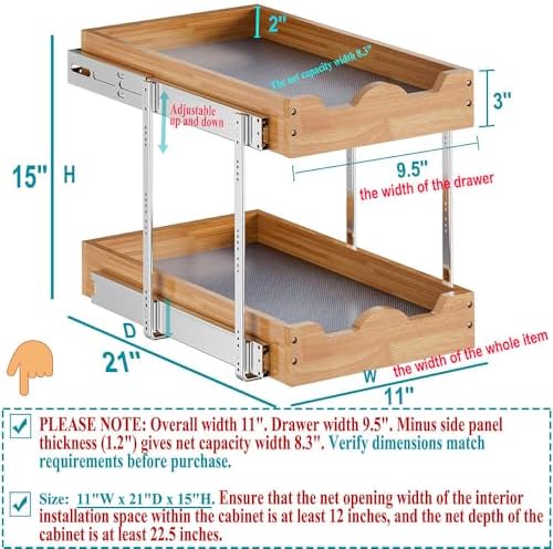 OCG 2 Tier Pull Out Drawers For Cabinets, Double Tier Slide out Wood Cabinet Organizer, Pull Out Shelves for Base Cabinet Organization in Kitchen, Pantry, Bathroom - Image 2