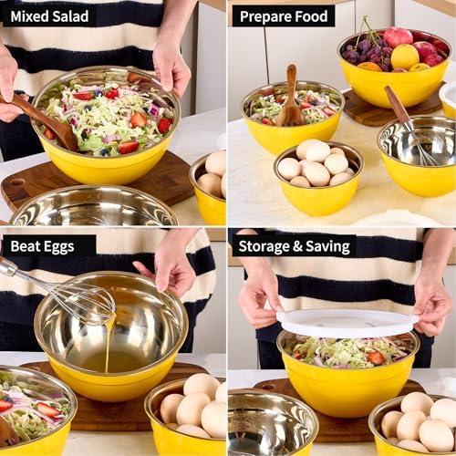 Yellow Mixing Bowls with Lids Set of 7, Stainless Steel Nesting Bowl with Khaki Lid for Non-slip Mixing Prepping Storing Serving, 7 Sizes-7/3.6/2.7/2.1/1.5/1/0.8 QT - Image 5