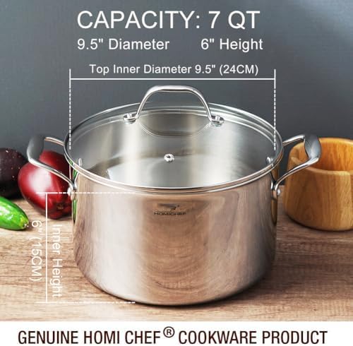 HOMICHEF Mirror Polished NICKEL FREE Stainless Steel 7 QT(Quart) Stock Pot with Glass Lid (No Toxic Non Stick Coating, Whole-Clad 3-Ply) - Triply Stainless Steel Pots and Pans - Soup Pots with Lids - Image 6