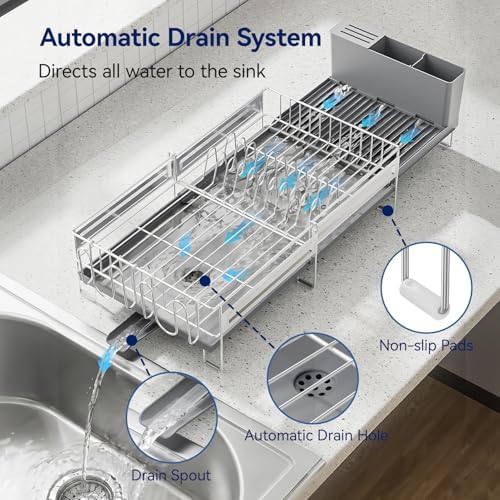 Stainless Steel Dish Drying Rack - Expandable Dish Racks for Kitchen Counter Organizer with Drain Board, Detachable Utensil & Cup Holder, Dish Drainer for Small Kitchen Counter, Grey - Image 4