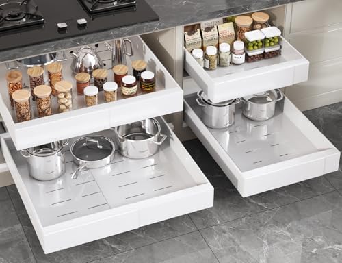 Seinloes 4 Pack Pull Out Cabinet Organizer 22" Deep,Full Extension 3 Slide Rails Slide Out Drawers With Raising Pad for Framed Cabinets,Expandable Width (12.3"-20.5"),No Drill Roll Out Shelf,White by Seinloes
