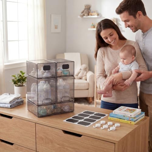 5 pack baby bottle storage organizer - clear acrylic stackable storage drawers with handles for baby bottles, kitchen countertop, pantry and vanity - Image 2