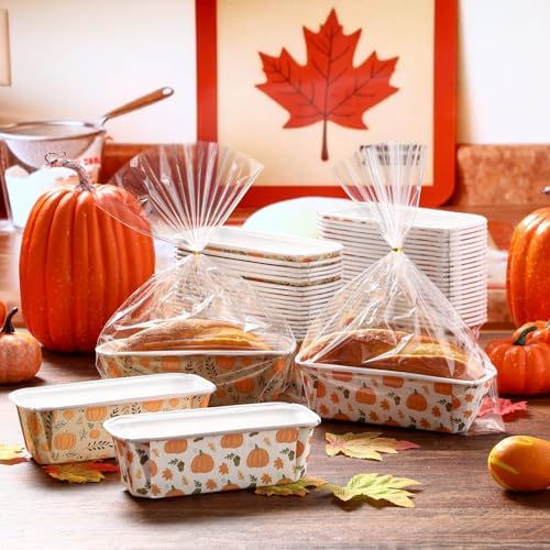Hushee 50 Sets Fall Paper Loaf Pan 6.3 x 2.2 x 2.2 Inch Disposable Cake Pan Liners with Clear Plastic Bags and Ties Rectangle Paper Baking Mold for Thanksgiving Autumn Bread Cake Bakery(Novel) - Image 5